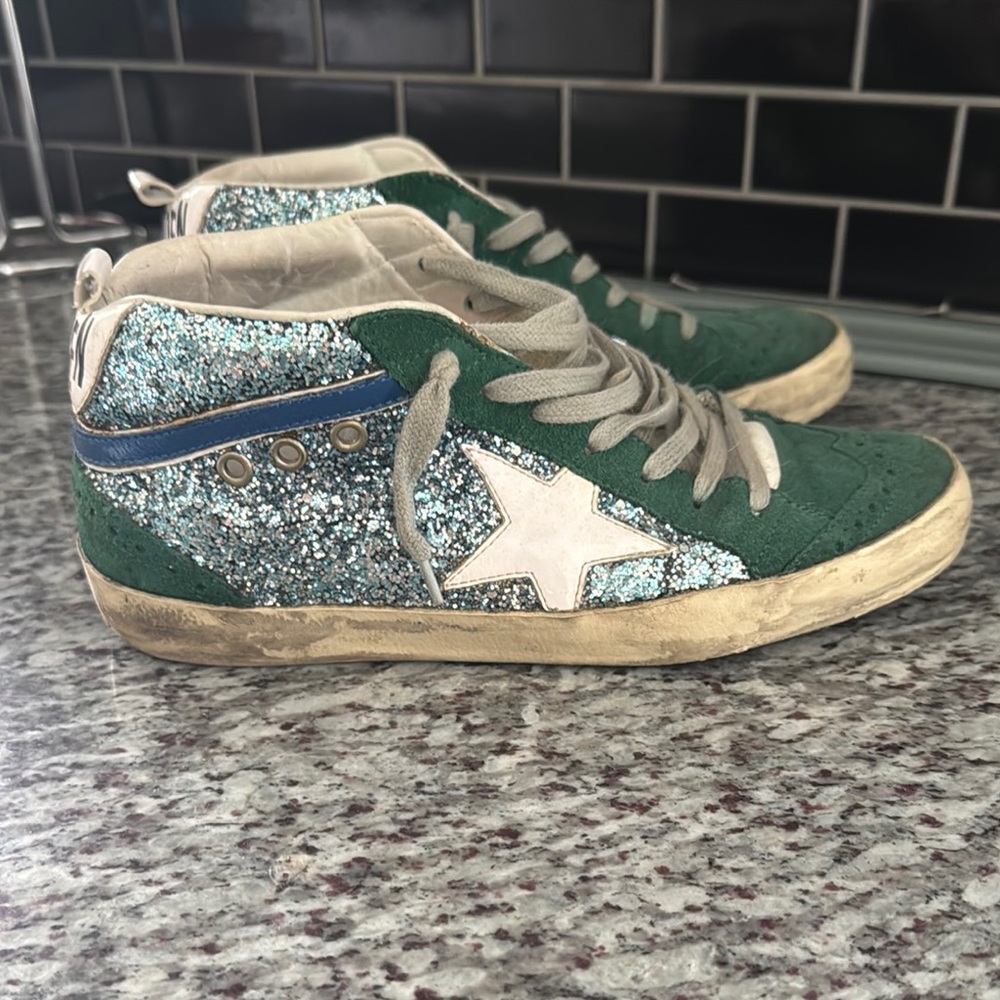 Golden Goose Green and Blue Glitter Sneakers